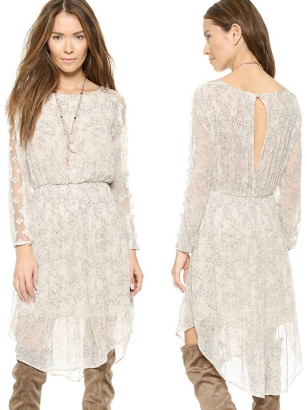 Free People Charlotte Cream White Floral Chiffon and Lace Blouson Dress Size Sm